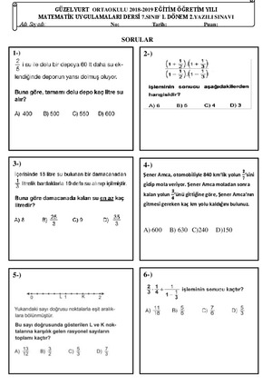 7.Sınıf 1.Dönem  2.Matematik Uygulamaları Yazılı Sınavı