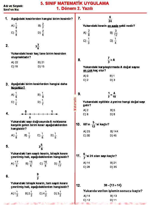 5. Sınıf Matematik 5 sınıf 1 Dönem 2. Yazılı Örneği - 1 Yazılı Örneği