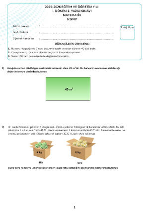 6. Sınıf 1. Dönem 2. Yazılı Sınavı (1.Senaryo)