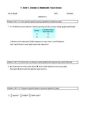 1.Dönem 2. Matematik Yazılı Sınavı (MEB 2. Senaryo)