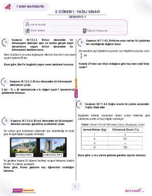 7. Sınıf 2. Dönem 1.Yazılı Örneği(2025-2026 Tüm Senaryolar)(MATSEV)