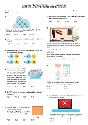 (B grubu) Matematik 1. Dönem 2. Yazılı Test