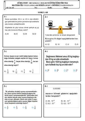 1.Dönem Matematik Uygulamaları 2. Yazılı Sınavı