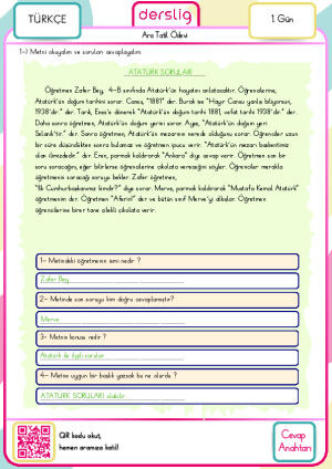 4. Sınıf 2. Dönem Ara Tatil Ödevi Cevap Anahtarı