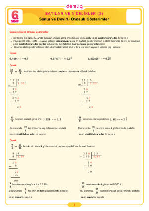 6.Sınıf 3.Tema 4.Konu (Sonlu ve Devirli Ondalık Gösterimler) Çalışma Kağıdı Cevap Anahtarı