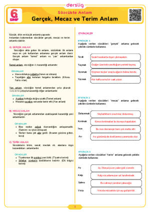 6.Sınıf 1.Tema 1.Konu (Gerçek, Mecaz ve Terim Anlam) Çalışma Kağıdı Cevap Anahtarı