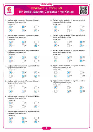 6.Sınıf 1.Tema 1.Konu (Bir Doğal Sayının Çarpanları ve Katları) Çalışma Kağıdı Cevap Anahtarı