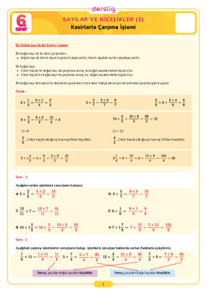 6.Sınıf 3.Tema 7.Konu (Kesirlerle Çarpma İşlemi) Çalışma Kağıdı Cevap Anahtarı