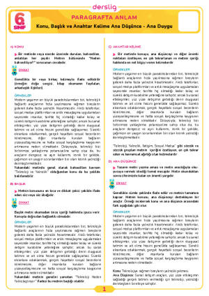 6.Sınıf 3.Tema 1.Konu (Konu, Başlık ve Anahtar Kelime Ana Düşünce - A) Çalışma Kağıdı Cevap Anahtarı
