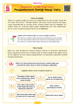 6.Sınıf 1.Tema 2.Konu (Peygamberlerin İlettiği Mesaj: Vahiy) Çalışma Kağıdı Cevap Anahtarı