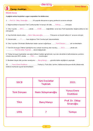 6.Sınıf 2.Tema 8.Konu (Ülkemizin Türk Dünyasıyla Kültürel İş Birlikle) Çalışma Kağıdı Cevap Anahtarı