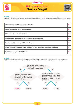 6.Sınıf 1.Tema 6.Konu (Nokta-Virgül) Çalışma Kağıdı Cevap Anahtarı