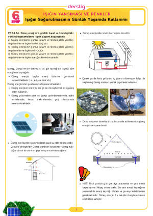 6.Sınıf 4.Tema 7.Konu (Işığın Soğurulmasının Günlük Yaşamda Kullanımı) Çalışma Kağıdı Cevap Anahtarı