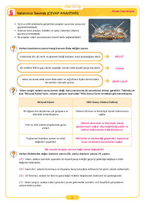 6.Sınıf 3.Tema 4.Konu (Vatanımızı Sevmek) Çalışma Kağıdı Cevap Anahtarı