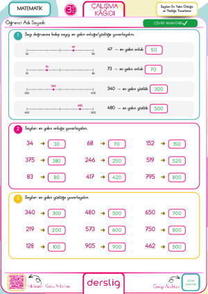 3. sınıf Sayıları En Yakın Onluğa ve Yüzlüğe Yuvarlama Çalışma Kağıdı-Cevap Anahtarı