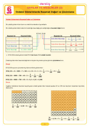 6.Sınıf 3.Tema 1.Konu (Ondalık Gösterimlerde Basamak Değeri ve Çözüml) Çalışma Kağıdı Cevap Anahtarı