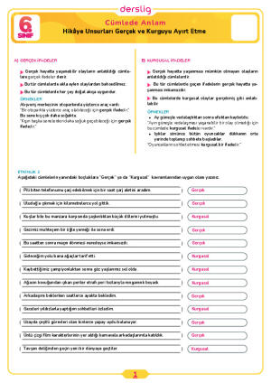 6.Sınıf 3.Tema 7.Konu (Hikâye Unsurları, Gerçek ve Kurguyu Ayırt Etme) Çalışma Kağıdı Cevap Anahtarı