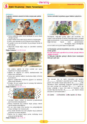 6.Sınıf 4.Tema 4.Konu (Metin Oluşturma - Metin Tamamlama) Çalışma Kağıdı Cevap Anahtarı