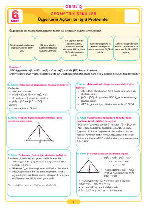 6.Sınıf 5.Tema 9.Konu (Üçgenlerin Açıları ile ilgili Problemler) Çalışma Kağıdı Cevap Anahtarı