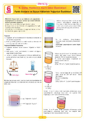 6.Sınıf 5.Tema 5.Konu (Farklı Sıvıların ve Suyun Hâllerinin Yoğunluk ) Çalışma Kağıdı Cevap Anahtarı