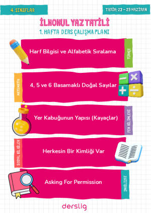 4. Sınıf Yaz Tatili Çalışma Planı
