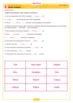6.Sınıf 2.Tema 4.Konu (Deniz Komşularımız ve Mavi Vatan) Çalışma Kağıdı Cevap Anahtarı