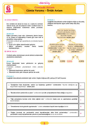 6.Sınıf 3.Tema 4.Konu (Cümle Yorumu - Örtük Anlam) Çalışma Kağıdı Cevap Anahtarı