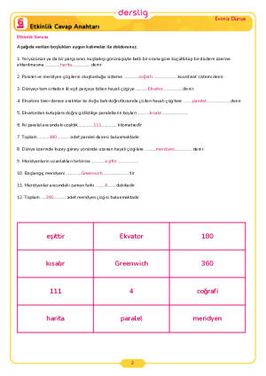6.Sınıf 2.Tema 1.Konu (Coğrafi Koordinat Sistemi, Paralel ve Meridyen) Çalışma Kağıdı Cevap Anahtarı