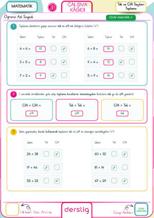 3. sınıf Tek ve Çift Sayıları Toplama Çalışma Kağıdı-Cevap Anahtarı.pdf