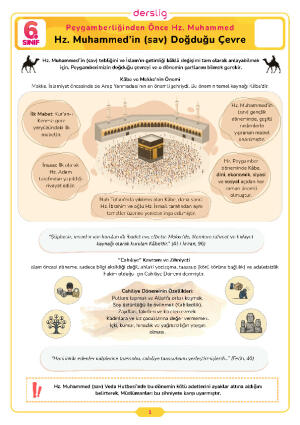 6.Sınıf 4.Tema 1.Konu (Hz. Muhammed’in (sav) Doğduğu Çevre) Çalışma Kağıdı Cevap Anahtarı