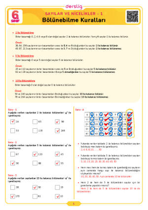 6.Sınıf 1.Tema 2.Konu (Kalansız Bölünebilme Kuralları) Çalışma Kağıdı Cevap Anahtarı