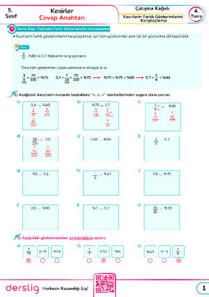 5. Sınıf 4. Tema 12. Konu Özeti Kesirlerin Farklı Gösterimlerini Karşılaştırma Cevap Anahtarı