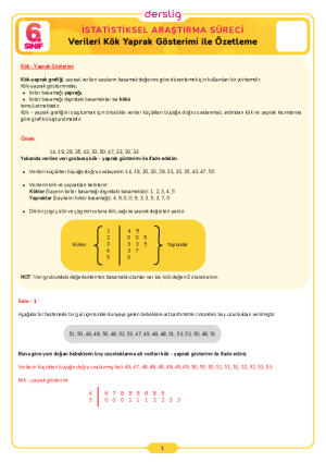 6.Sınıf 2.Tema 4.Konu (Verileri Kök Yaprak Gösterimi ile Özetleme) Çalışma Kağıdı Cevap Anahtarı