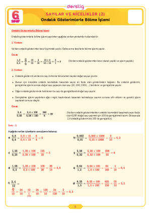6.Sınıf 3.Tema 8.Konu (Ondalık Gösterimlerle Bölme İşlemi) Çalışma Kağıdı Cevap Anahtarı