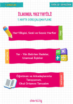 1. Sınıf Yaz Tatili Çalışma Planı