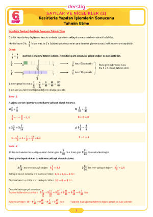 6.Sınıf 3.Tema 5.Konu (Kesirlerle Yapılan İşlemlerin Sonucunu Tahmin ) Çalışma Kağıdı Cevap Anahtarı
