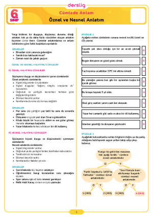 6.Sınıf 3.Tema 1.Konu (Öznel ve Nesnel Anlatım) Çalışma Kağıdı Cevap Anahtarı