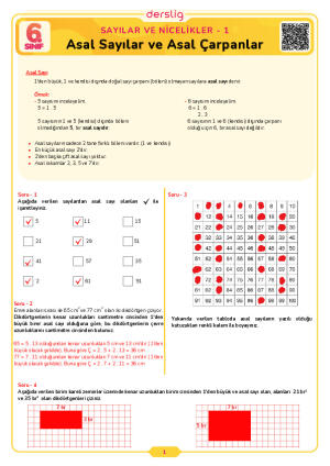 6.Sınıf 1.Tema 3.Konu (Asal Sayılar ve Asal Çarpanlar) Çalışma Kağıdı Cevap Anahtarı