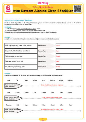 6.Sınıf 1.Tema 4.Konu (Aynı Kavram Alanına Giren Sözcükler) Çalışma Kağıdı Cevap Anahtarı