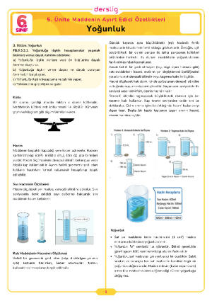6.Sınıf 5.Tema 3.Konu (Yoğunluk) Çalışma Kağıdı Cevap Anahtarı