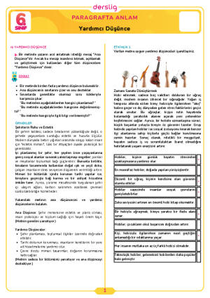 6.Sınıf 4.Tema 2.Konu (Yardımcı Düşünce) Çalışma Kağıdı Cevap Anahtarı