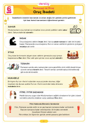 6.Sınıf 2.Tema 2.Konu (Oruç İbadeti) Çalışma Kağıdı Cevap Anahtarı