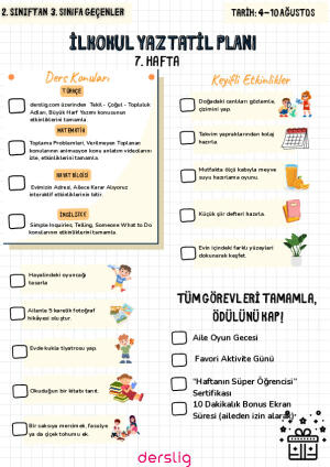 Yaz Tatil Planı 7. Hafta-2. Sınıf