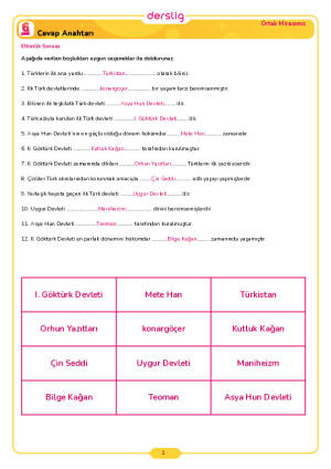 6.Sınıf 3.Tema 1.Konu (Türkistan’da Kurulan İlk Türk Devletleri) Çalışma Kağıdı Cevap Anahtarı