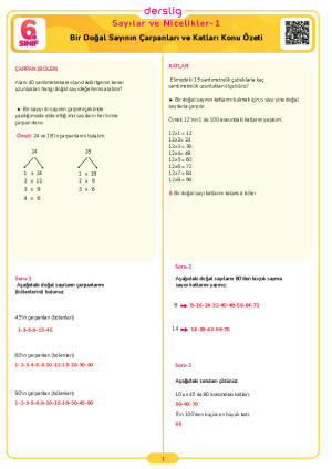 6. Sınıf 1. Tema 1. Konu Özeti(Bir Doğal Sayının Çarpanları ve Katları) Cevap Anahtarı