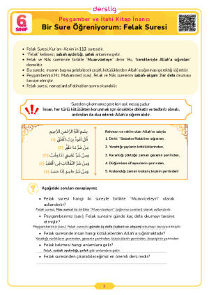 6.Sınıf 1.Tema 4.Konu (Bir Sure Öğreniyorum: Felak Suresi) Çalışma Kağıdı Cevap Anahtarı