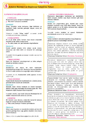 6.Sınıf 4.Tema 5.Konu (Anlatım Biçimleri ve Düşünceyi Geliştirme Yoll) Çalışma Kağıdı Cevap Anahtarı