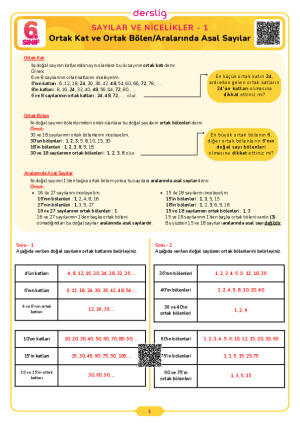 6.Sınıf 1.Tema 4.Konu (Ortak Kat - Ortak Bölen / Aralarında Asal Sayı) Çalışma Kağıdı Cevap Anahtarı
