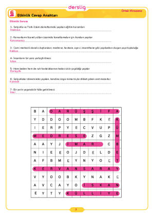 6.Sınıf 3.Tema 5.Konu (Anadolu'nun Türkleşmesi ve İslamlaşması) Çalışma Kağıdı Cevap Anahtarı