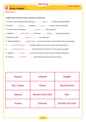 6.Sınıf 3.Tema 4.Konu (Emevîler ve Abbâsîler Dönemi) Çalışma Kağıdı Cevap Anahtarı